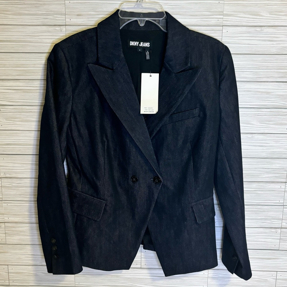 🆕 DKNY Women’s Notch Collar Dark Wash Denim Blazer w/Flap Pockets (S/6)